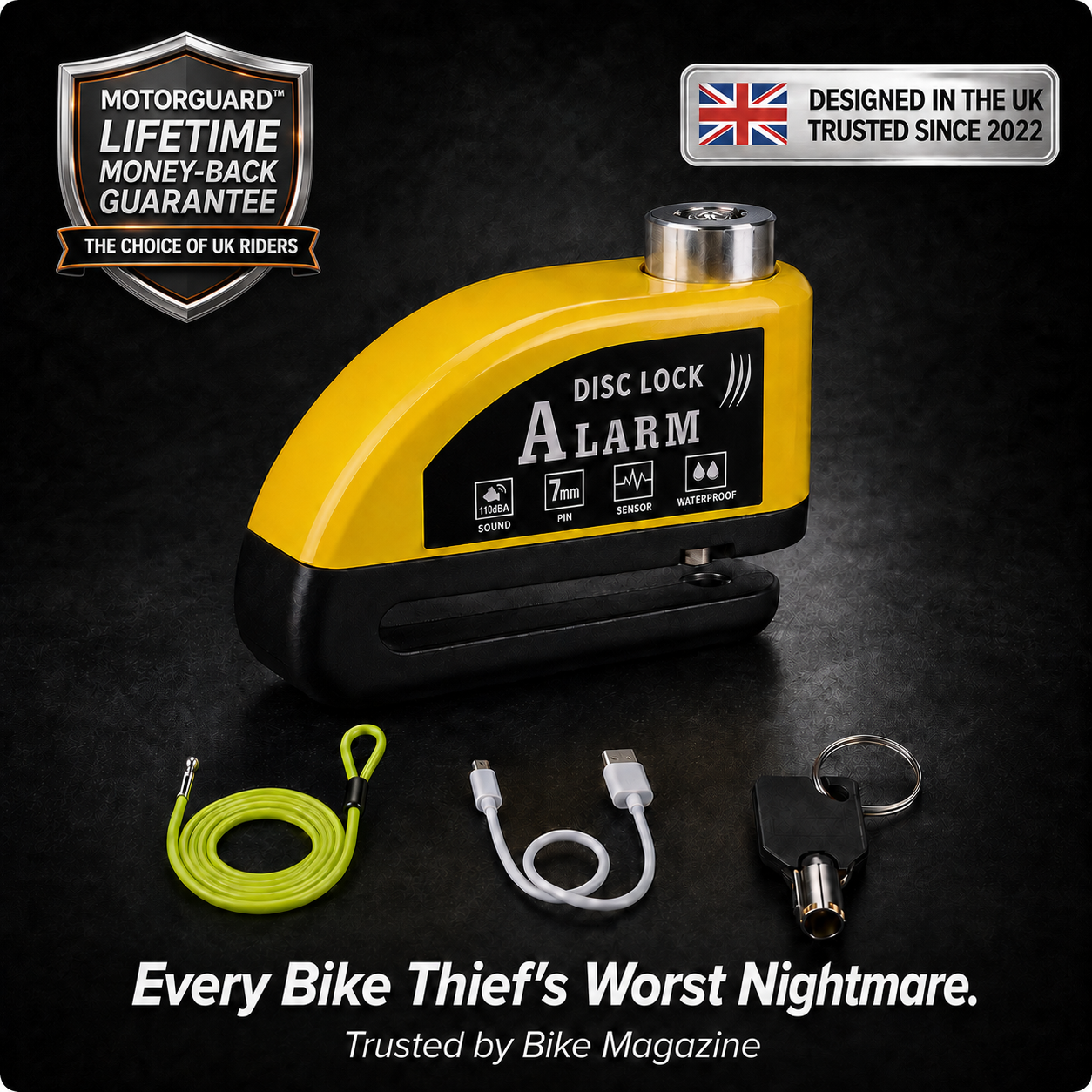 MotorGuard™ – 110dB Alarm Disc Lock